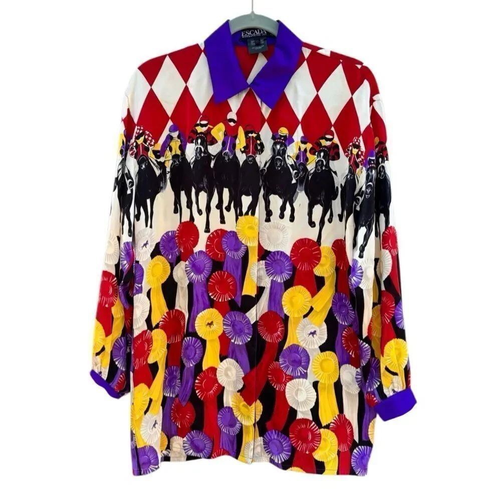 Escada Vintage 1990s 100% Silk Jockey Prize Ribbon Button Down Blouse Size 38